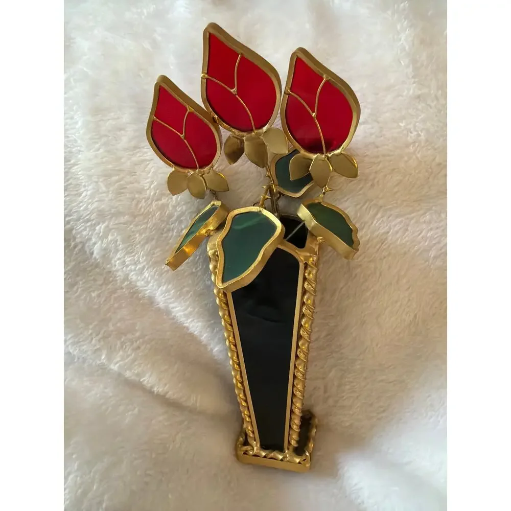 Rare Vintage Stained Glass Style Red Tulip Flower Vase Gold Tone Decor